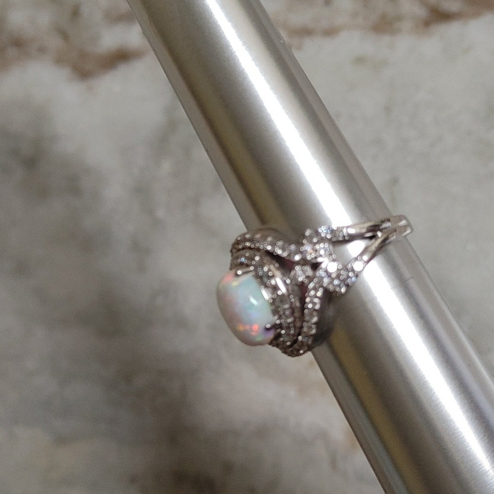 SJD 925 Opal and Diamond Pavers Ring Size 8 - Picture 5 of 11